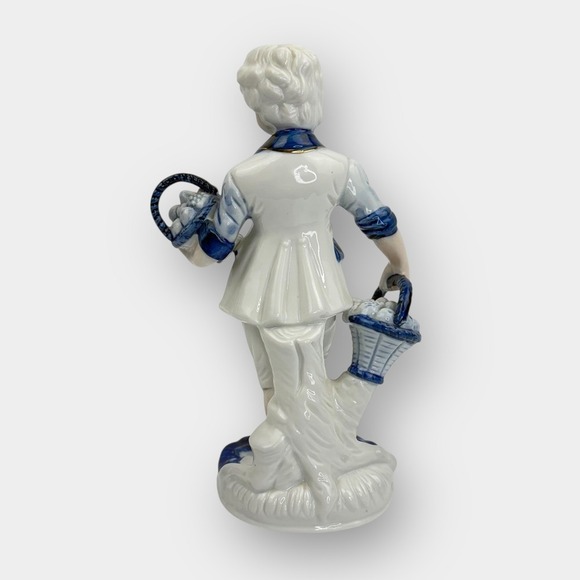 Vintage Blue White Porcelain Figurine Boy Carrying Two Fruit Baskets Gold Trim - Picture 3 of 15